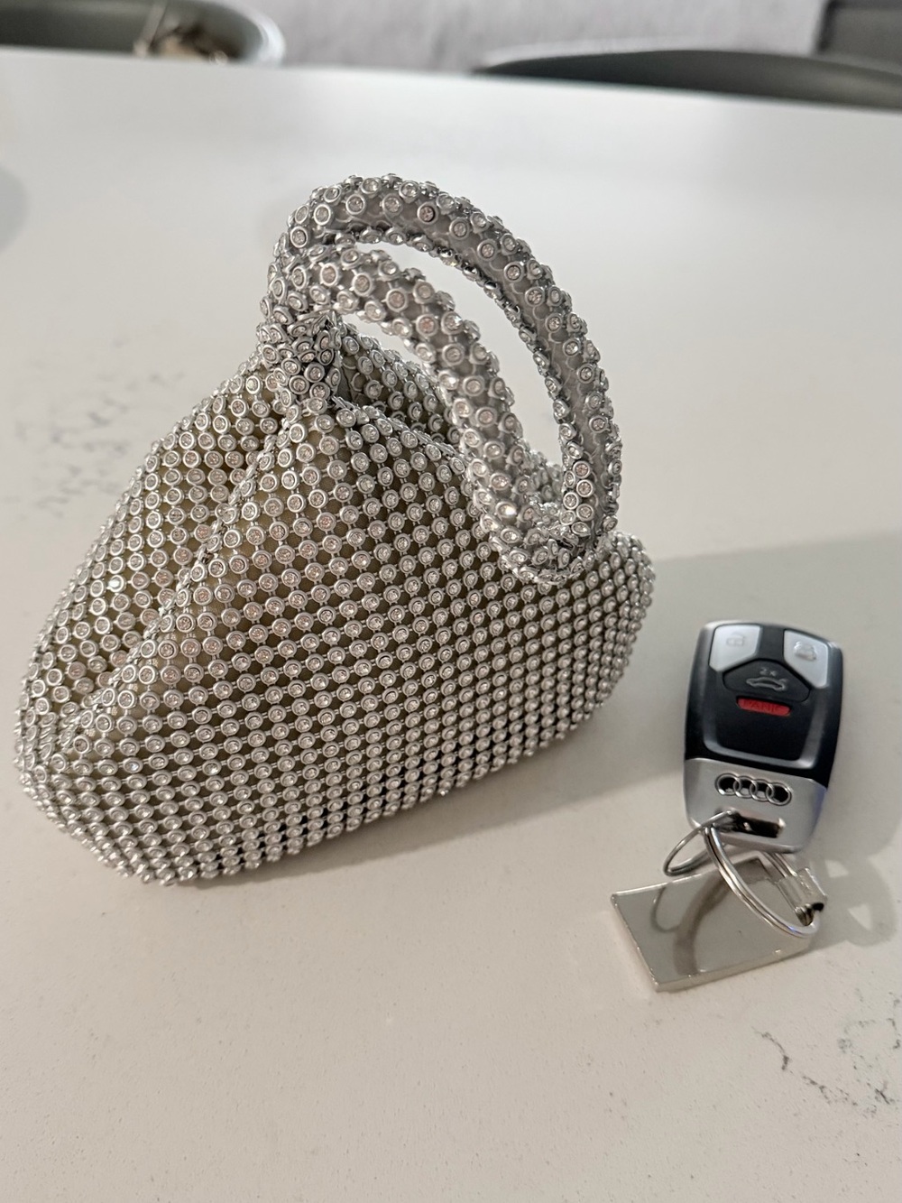 Crystal-Embellished Silver Mini Evening Dress Accessory Bag